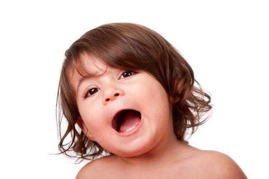Cute funny singing baby toddler, yelling or screaming of happiness, with mouth open, isolated.