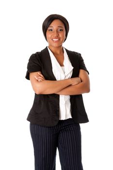 Beautiful attractive smiling corporate business woman standing with arms crossed, isolated.