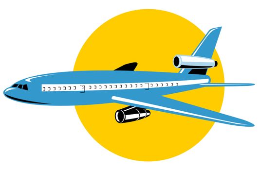 illustration of a commercial jet plane airliner on flight flying  isolated background