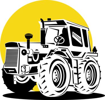 illustration of a vintage farm tractor on isolated background done in retro style