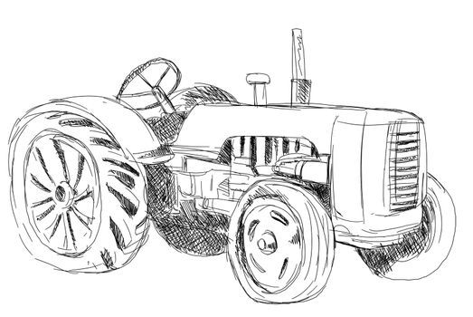 illustration of a vintage farm tractor on isolated background done in sketch style