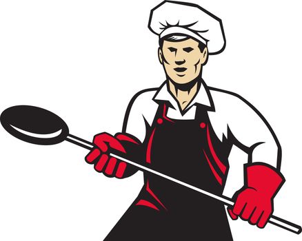 illustration of a baker holding baking pan with long handle done in retro style
