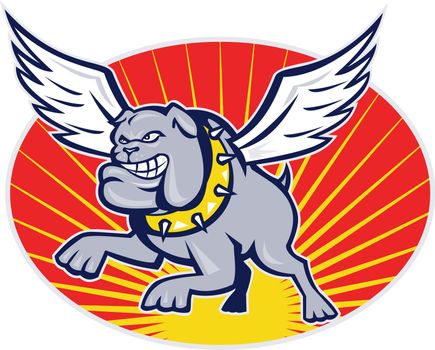 cartoon illustration of a bulldog with wings flying set inside oval with sunburst on isolated background