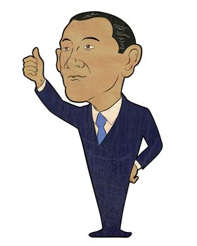 cartoon illustration of an african american businessman thumbs up wearing suit and tie standing front isolated on white