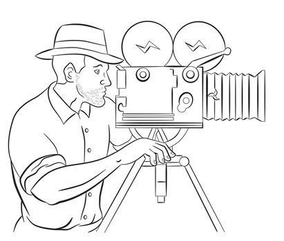 illustration of a Cameraman with vintage camera shooting side view done in the style of cartoon style isolated on white