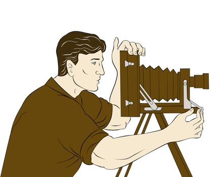 illustration of a Cameraman with vintage camera shooting side view done in the style of cartoon style isolated on white
