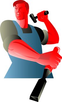 illustration of a carpenter tradesman worker with chisel and hammer viewed from front set in isolated background done in retro style