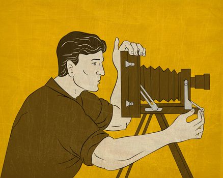 illustration of a Cameraman with vintage camera shooting side view done in the style of cartoon style done in the style of Japanese wood block print