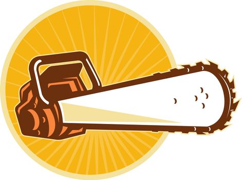 vector illustration of a chain saw viewed from the front at low angle with sunburst and circle in the background