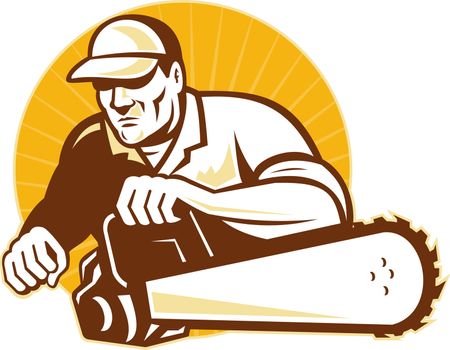 illustration of an arborist tradesman cutter holding a chainsaw viewed from front with sunburst and circle on isolated background