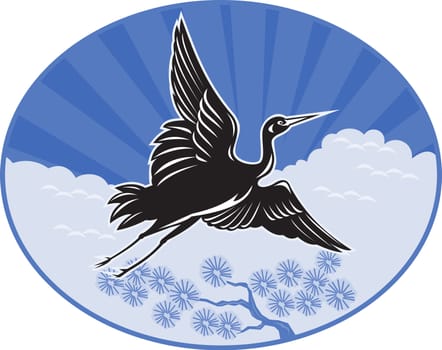 illustration of a Crane flying with pine tree clouds and sunburst in background set inside an oval done in retro style.
