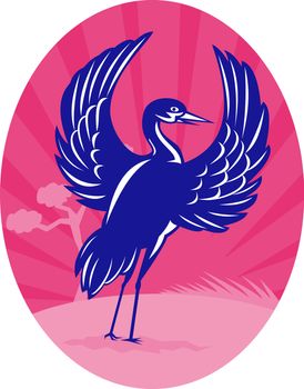 illustration of a Crane flapping wings with pine tree and sunburst in background set inside oval done in retro woodcut style