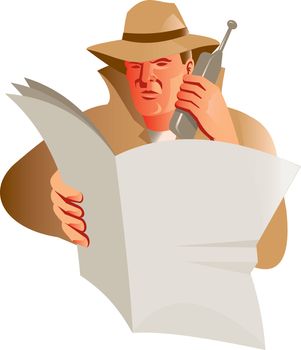 illustration of a male detective using calling cell phone while reading a newspaper on isolated background done in retro style