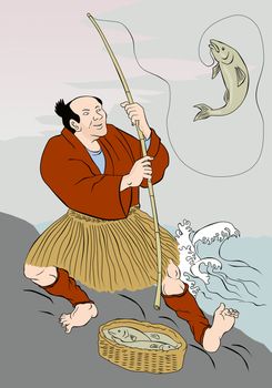 Image shows a Japanese fisherman fishing catching trout fish on a rock on lake done in the style of Japanese carton style