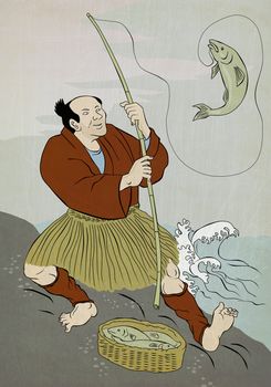 Image shows a Japanese fisherman fishing catching trout fish on a rock on lake done in the style of Japanese wood block print.