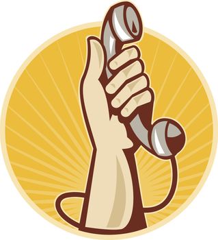 illustration of a hand holding retro telephone set inside a circle with sunburst on isolated background