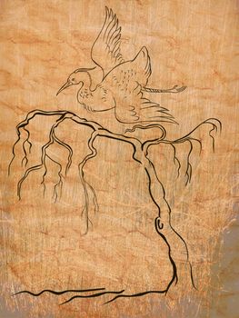 illustration of heron crane flying with tree in background done in cartoon style