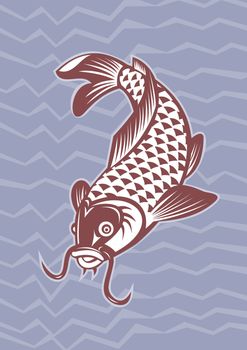 illustration of a Koi carp swimming down with wave pattern in background done in retro style.