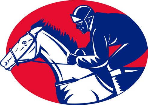 illustration of a horse and jockey racing side view done in retro woodcut style set inside oval