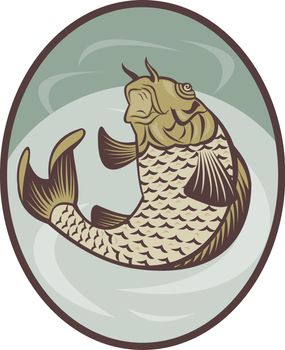 illustration of a Koi carp fish jumping up set inside ellipse done in retro style.