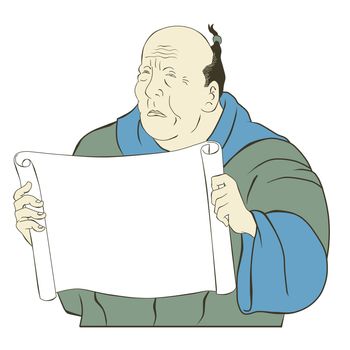 illustration of an Asian Japanese old man reading holding a blank paper scroll facing front on isolated white background done in cartoon style