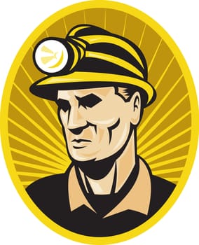 illustration of a coal miner with hardhat facing front set inside oval with sunburst on isolated background