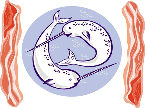 illustration of two narwhal Monodon monoceros unicorn whale with tusk horns set inside oval done with bacon on side