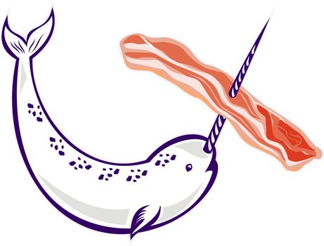 illustration of narwhal whale Monodon monoceros unicorn whale stringing bacon with tusk horn