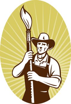 illustration of a cowboy painter holding a paint brush facing front set inside an oval done in retro style.