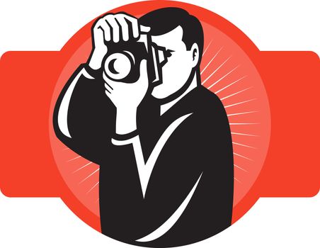 illustration of a photographer aiming slr camera front view on isolated background