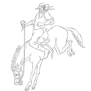 illustration of rodeo cowboy riding bucking horse bronco on isolated white background done in black and white cartoon style