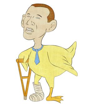 cartoon illustration of an african american male lame duck with tie and a crutch and leg in a cast