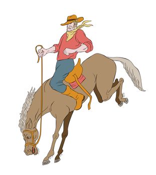 illustration of rodeo cowboy riding bucking horse bronco on isolated white background cartoon style