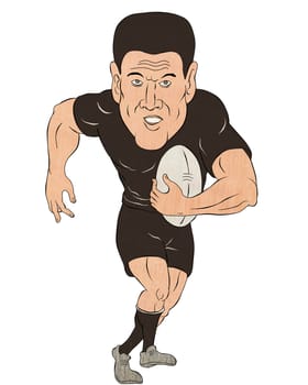 cartoon illustration of a Rugby player running with ball  isolated on white background