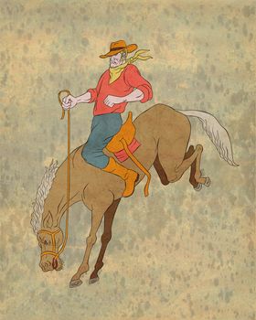 illustration of rodeo cowboy riding bucking horse bronco done in cartoon style