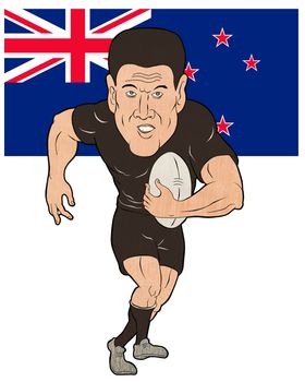 Rugby player running ball New Zealand flag  isolated on white background