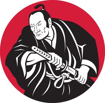 illustration of a Japanese Samurai warrior about to draw sword set inside circle done in retro style