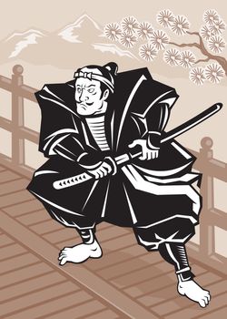 illustration of a Japanese Samurai warrior sword on bridge with tree and mountains in background done in retro woodcut style