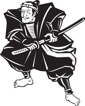  illustration of a Samurai warrior about to draw katana sword in fighting stance on isolated white background done in retro style