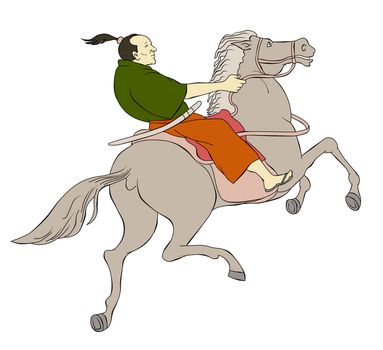  illustration of a Samurai warrior on horseback with katana sword in fighting stance done in Japanese wood block print cartoon style