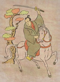  illustration of a Samurai warrior on horseback with katana sword in fighting stance done in Japanese wood block print cartoon style