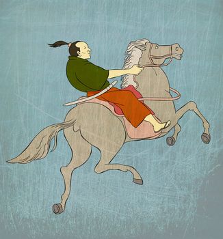  illustration of a Samurai warrior on horseback with katana sword in fighting stance done in Japanese wood block print cartoon style