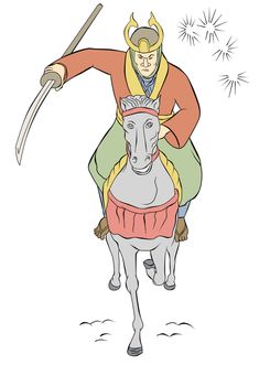  illustration of a Samurai warrior riding horse with katana sword attacking charging viewed from front in the style of Japanese wood block print 