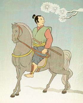  illustration of a Samurai warrior riding horse with katana sword viewed from side dome in the style of Japanese wood block print 