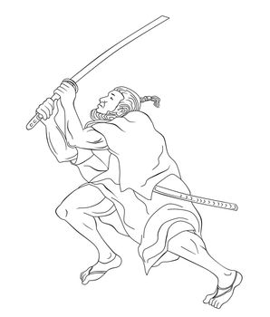 illustration of a Samurai warrior with katana sword in fighting stance done in cartoon style black and white on isolated background