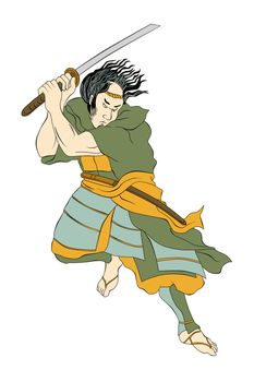 illustration of a Samurai warrior with katana sword in fighting stance done in cartoon style on isolated background