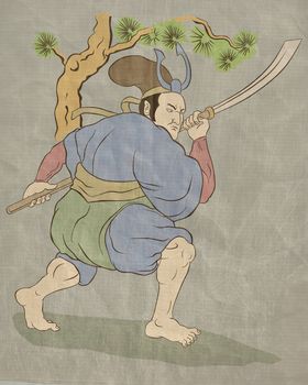  illustration of a Samurai warrior with katana sword in fighting stance with tree in background done in Japanese wood block style print
