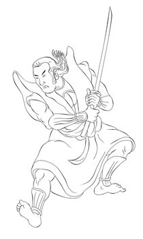 illustration of a Samurai warrior with katana sword in fighting stance done in cartoon style black and white on isolated background