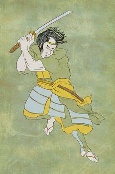 illustration of a Samurai warrior with katana sword in fighting stance done in cartoon style on isolated background