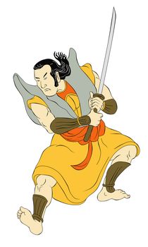 illustration of a Samurai warrior with katana sword in fighting stance done in cartoon style on isolated background